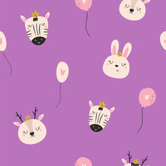 Obraz premium Cute seamless pattern with cartoon animal faces - deer, zebra, rabbit