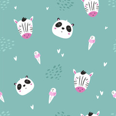 Obraz premium Cute seamless pattern with zebras, pandas, ice cream for baby apparel