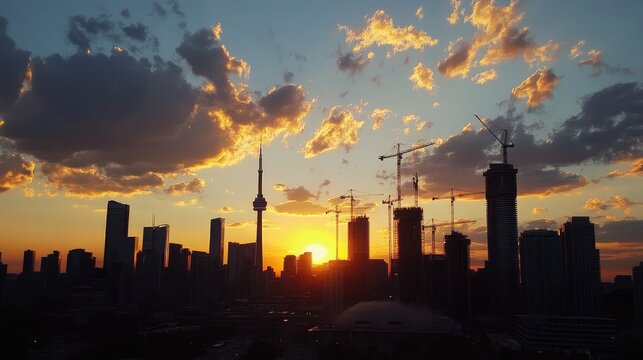Dramatic Toronto skyline silhouette illuminated by a vibrant sunset backdrop