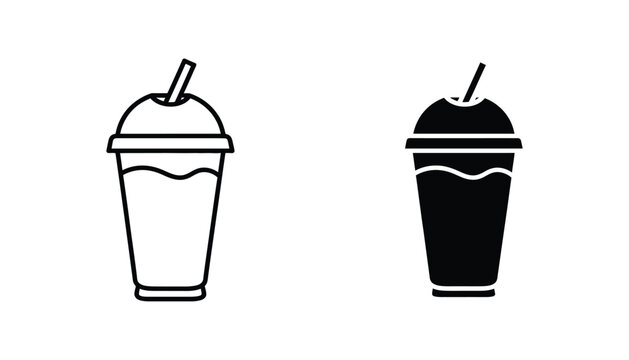 Disposable beverage cup with lid and straw icon set featuring coffee or smoothie takeaway in outline and solid black silhouette styles