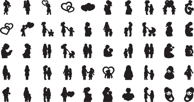Collection of family silhouettes in black and white with line art family values silhouette together connection relationship childhood generations illustration minimalist