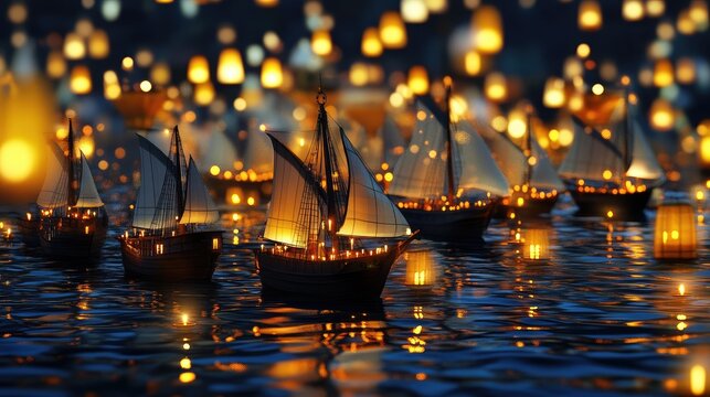 Enchanting flotilla of sailing ships illuminated by lanterns at twilight voyage