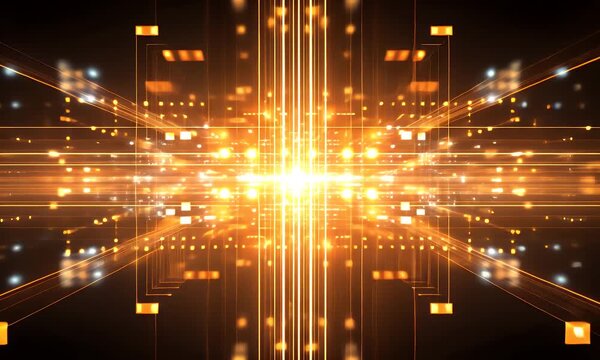 Vibrant orange light explosion with streaks and dots on a dark background, conveying a dynamic and energetic mood with a cinematic lighting effect.
