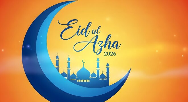 Eid ul adha mubarak beautiful crescent moon mosque greetings for a blessed celebration