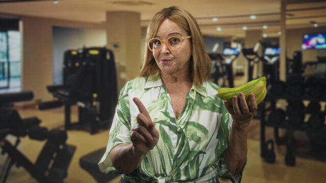 Middle age hispanic woman points finger while holding bananas and shows bare hand in gym building; caution nutrition advice.
