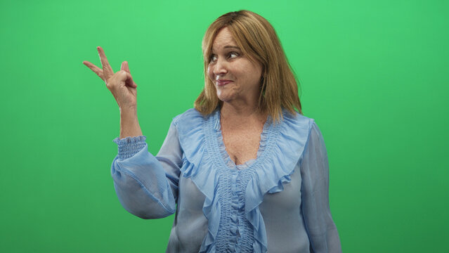 Middle age woman with blonde hair and blue blouse showing one two three finger count with raised hand and smirk in studio; playful counting.