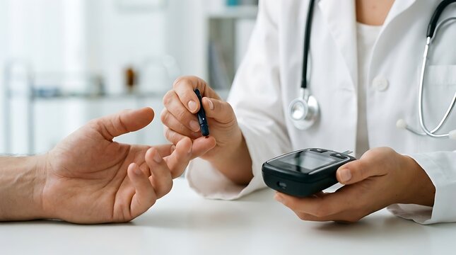 Close up of a medical professional drawing blood for a glucose test. The scene highlights the patient's hand and a health care person conducting a blood test