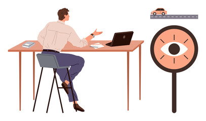Fototapeta premium Surveillance, observation, analytics, business, data tracking, monitoring. A man seated at a desk with a magnified eye icon and a car on a road. Surveillance and observation concept