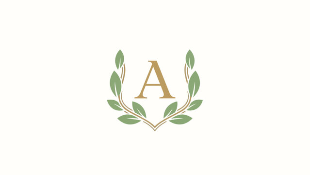 Elegant golden letter A surrounded by green laurel leaves on a cream background