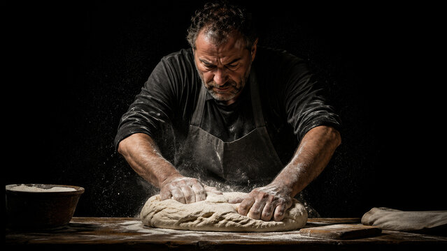 Cinematic Low Light Portrait of Artisanal Chef Kneading Sourdough Bread with Flour Textures and Dramatic Tenebrism