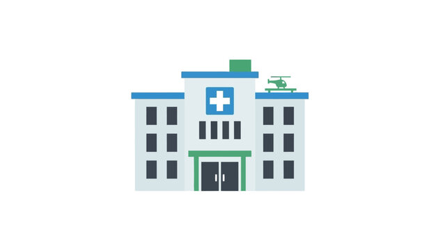 Modern flat icon illustration of a hospital building with a helipad and helicopter