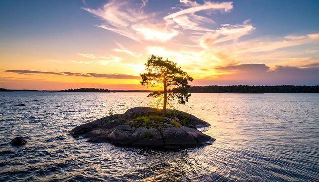 Lone tree on islet sunset