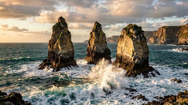 Three rocky sea stacks in rough ocean water with waves crashing on them during sunset.