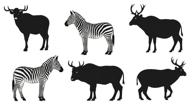 Collection of Animal Silhouettes Including Zebras and Deer.
