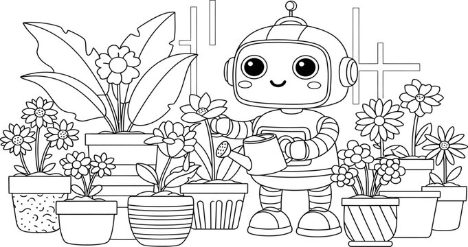 Cute robot tending to potted plants