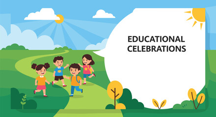 Obraz premium Group of cheerful children running along a path in a green meadow towards a large blank speech bubble for educational celebrations.