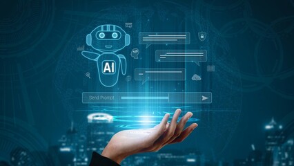 Naklejka premium AI chatbot improves virtual assistant interaction. AI chatbot processes text, supports users, AI chatbot automates replies, and AI chatbot enables smart messaging. Marrow