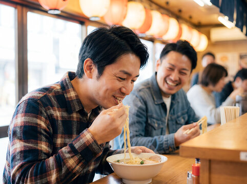 ramen eating asian men friends chopsticks noodles restaurant japanese laughing two casual young men enjoying steaming ramen at traditional noodle bar counter with glowing round paper lanterns overhead