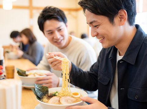 ramen eating asian men chopsticks noodles japanese restaurant chashu modern two young men at bright minimal modern ramen shop one lifting noodles from bowl garnished with chashu pork nori and soft egg