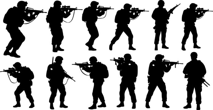 Military soldier silhouette collection and army infantry and special forces vector set with black and white tactical - Vector stock