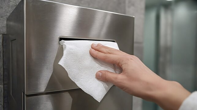 Hand pulling a white paper towel from a silver stainless steel dispenser on a tiled wall, emphasizing personal hygiene, sanitation, and drying hands in a public restroom