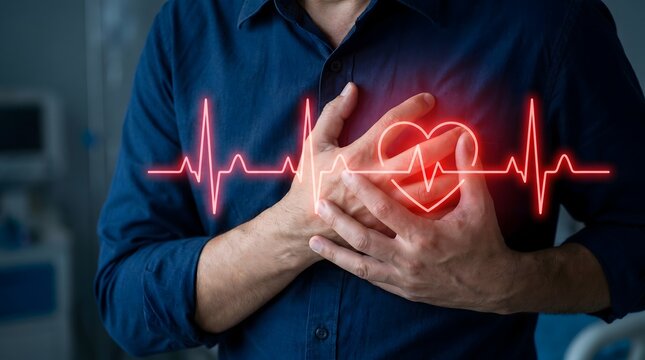 Man clutches chest with glowing red electrocardiogram and heart overlay