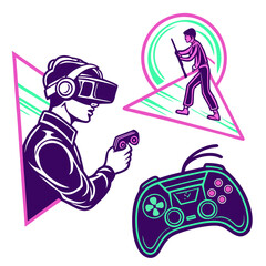 Virtual reality gaming concept illustration with man wearing vr headset holding controller and modern gamepad graphic, controller © come