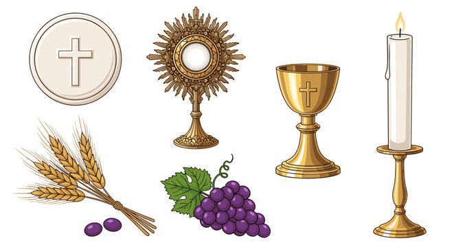 Catholic eucharist symbols set with host, monstrance, chalice and grapes transparent background