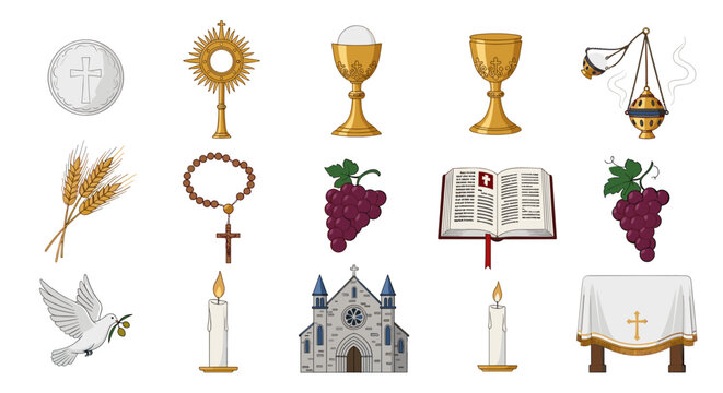 Christian religious icons set for eucharist, mass, and communion transparent background