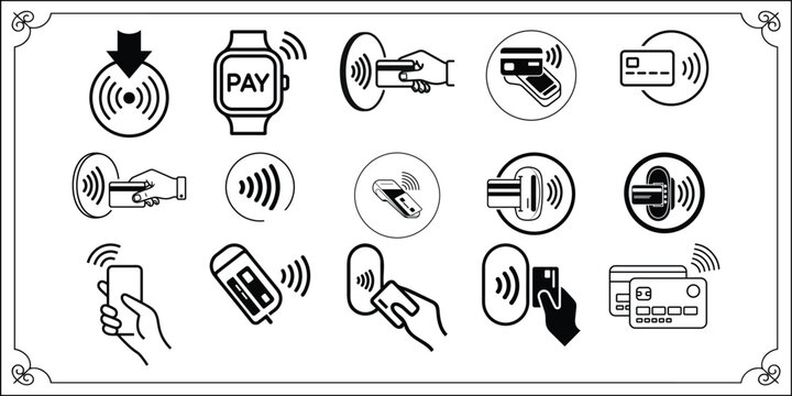 Tap to pay icons for contactless payment transactions using smartphone mobile and credit card over reader system