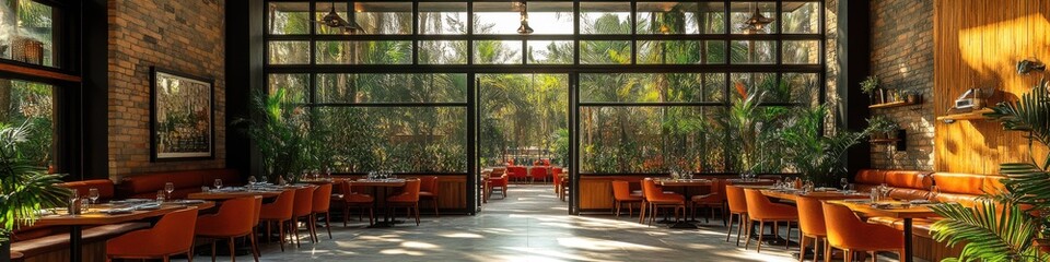 Fototapeta premium Modern restaurant interior with large windows overlooking a lush garden. Bright, airy space with orange seating.
