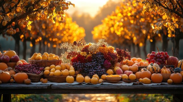 Autumn harvest bounty on rustic table