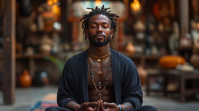 Serene man meditating in a mystical setting.