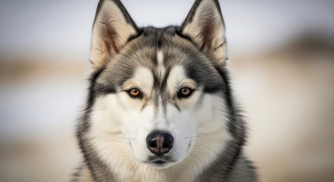 Close up portrait of a siberian husky dog with distinctive facial features