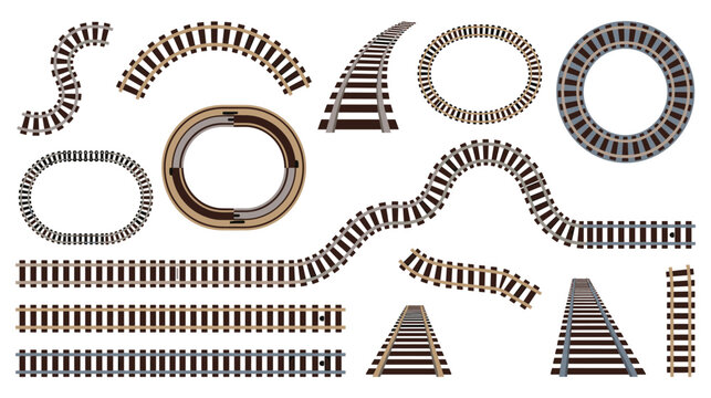 Train rail collection showing curved and straight tracks for transportation.