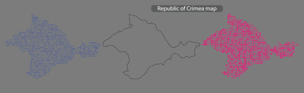 A map of the republic of crimea in blue and pink pixel art on a grey background with a dotted outline