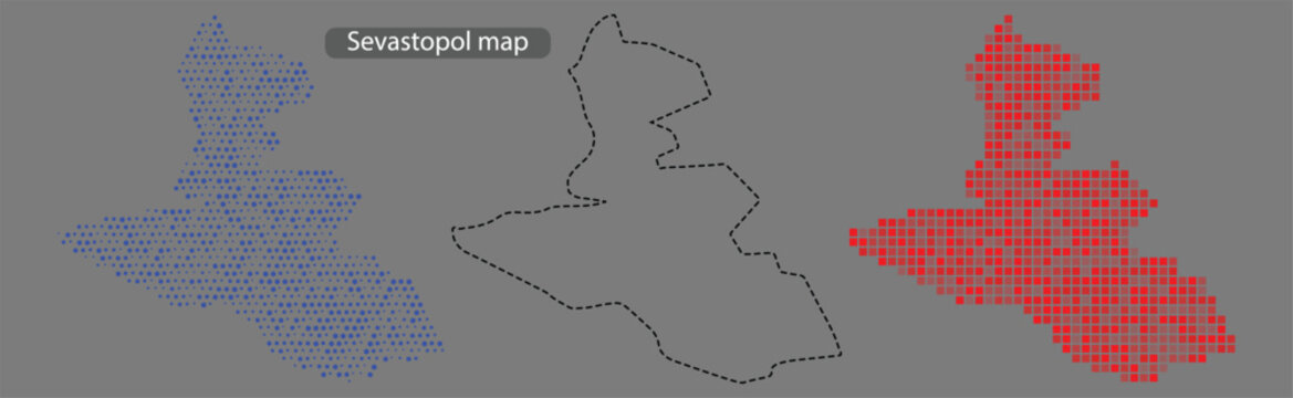 Sevastopol city map in crimea ukraine with blue and red pixelated areas on grey background with outline