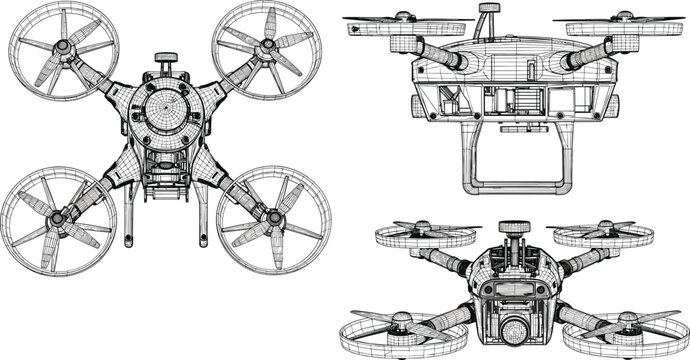 Quadcopter Drone Technical Wireframe Illustration Set with Multiple View Angles Aerial UAV Technology Vector Collection