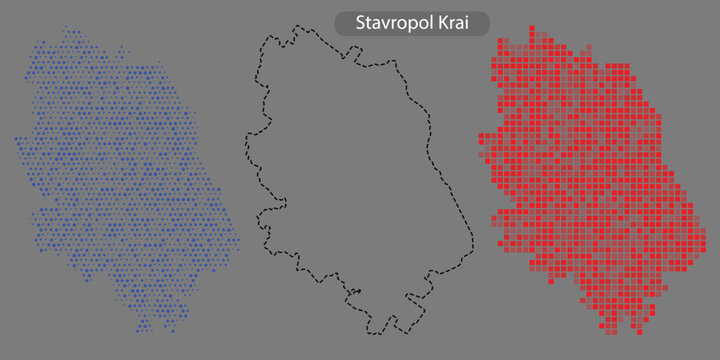 Stavropol krai region map with blue and red pixel patterns on gray background