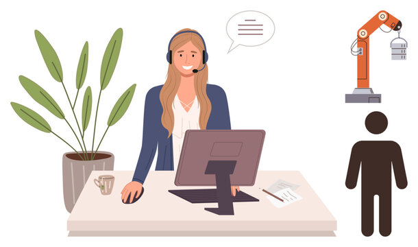 Customer support, workflow automation, technology integration, customer communication, business operations, robotics. Woman in headset at desk with robotic arm and computer. Customer support