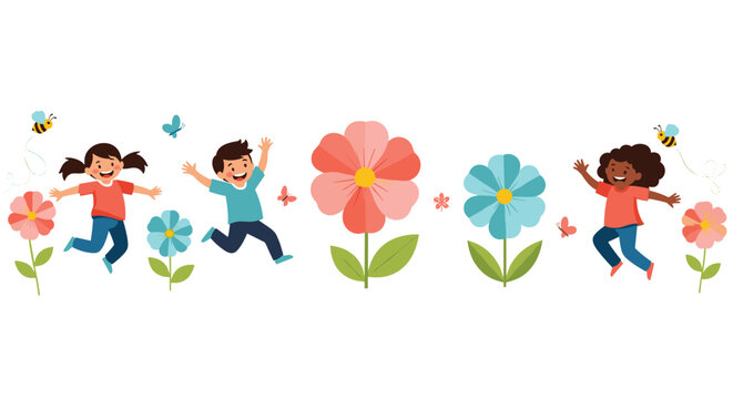 Joyful group of diverse children jumping and playing in a vibrant garden filled with giant colorful flowers and flying bees.