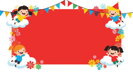 Obraz premium Joyful children floating on clouds in a festive frame with a red background bunting and flowers for a celebration announcement.