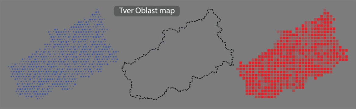 Tver oblast map with blue and red pixelated areas on gray background with black outline
