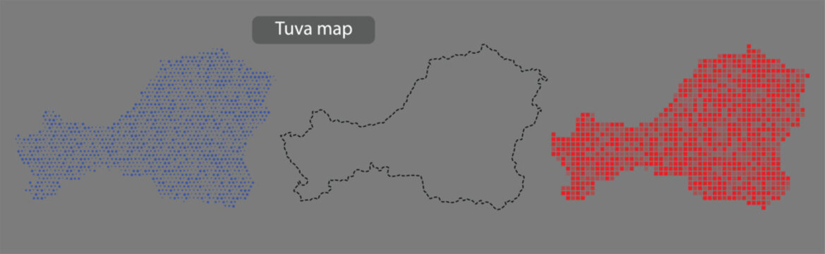 Tuva region map in blue and red pixels on grey background with outline