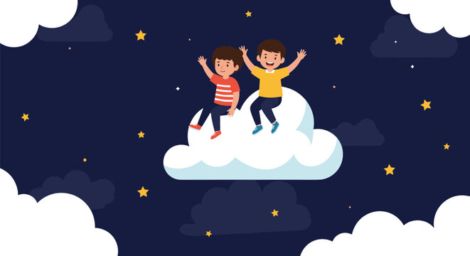 Two happy young boys sitting on a soft white cloud in a starry night sky dreaming of magical outer space adventures together.