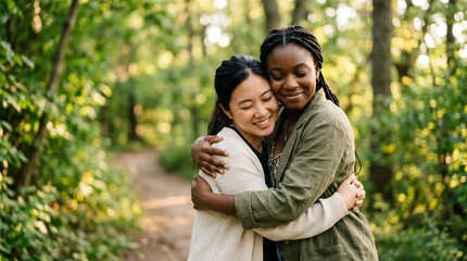 Fototapeta premium Two young women embracing warmly in a sunlit forest path, showing friendship and connection ai generated