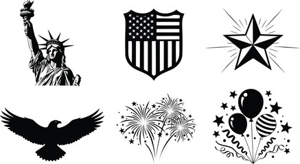 American symbols collection with eagle statue of liberty vector illustration and fireworks. © MDRAYHAN