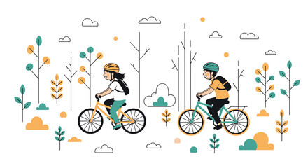 Naklejka premium Man and woman riding bicycles together along path in stylized forest with colorful trees and soft clouds in the sky.