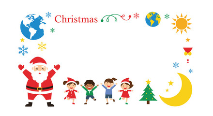 Fototapeta premium Festive Christmas frame featuring Santa Claus and happy children with winter symbols and globes on a white background.