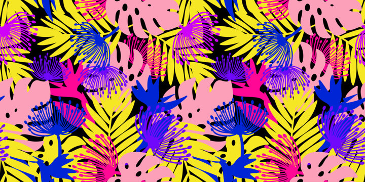 neon tropical seamless pattern with monstera leaves and exotic flowers on black background bold clashing colors for summer textile design